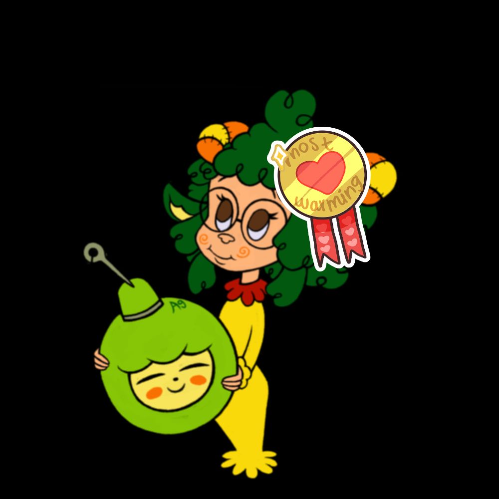 An ornament of Julesy Woolsy drawn to resemble Cindy Lou Who from the 1966 MGM adaptation of The Grinch directed by Chuck Jones and Maurice Noble. She is holding an ornament that resembles the face of her green sheep companion Blanket. A medal reading "Most Heartwarming" is attached.