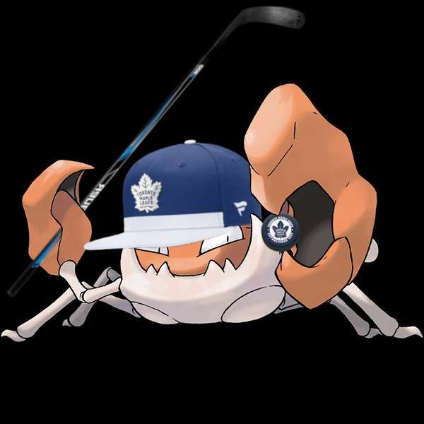 Kingler from Pokemon but he's on the Toronto Maple Leafs hockey team holding a puck and a hockey stick