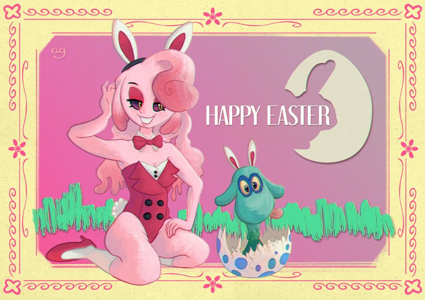 A greeting card for Easter depicting my sona Althea kneeling on the ground in a red bunny suit a la the Playboy bunnies with her slime dog companion Neil sitting in a hatched easter egg wearing bunny ears. Hot pink illustrative elements compose the border of the card while the main focus is a pink to lilac gradient in a rectangle with sanded down corners. A silhouette of a rabbit cuts into a giant egg, the words "Happy Easter" filling up the negative created by the silhouette. Pastel green paint strokes stretch across the gradient area to resemble blades of grass.