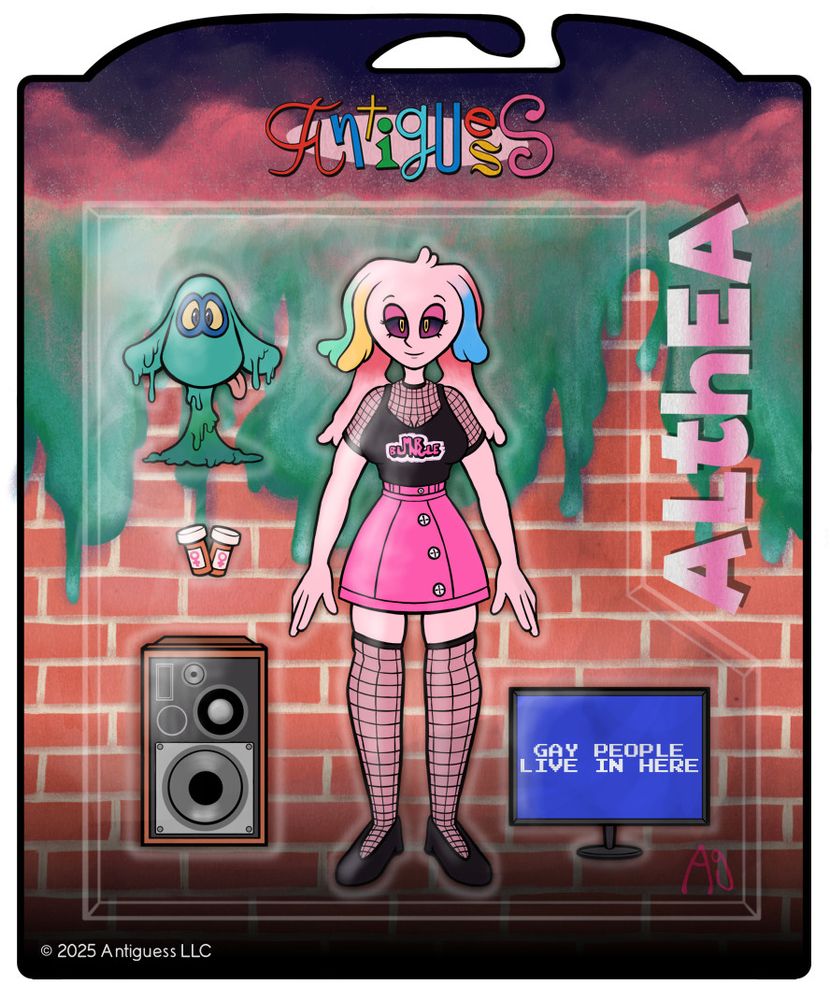 A mockup of an action figure package for my sona Althea. The background illustration is a brick wall with a large thing of ooze dripping from the top. Above that brick wall is a starry space sky with big puffy pink clouds. Althea is wearing a black tank top with the Mr. Bungle logo on it, a fishnet top underneath with fishnet stockings, a pink skirt and black shoes. Neil, her slime dog thing, is in the top left of the package. Girl drugs are underneath Neil, and a speaker to represent my music hyperfixation is under the girl drugs. On the other side of Althea is a computer monitor. My official logo is at the top of the package whereas Althea's name is in big block letters to the right of the plastic container. Her name is tilted 90 degrees counterclockwise to line up with the shape of the plastic container.