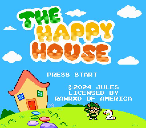 A fake screenshot of the title screen for The Happy House on the NES. Jules is standing on the front lawn of her house with a sockworm. Text saying "PRESS START" lies underneath the logo for The Happy House. A copyright text of 2024 for Jules is underneath the aforementioned text, and beneath that it says "LICENSED BY RAWRXD OF AMERICA."