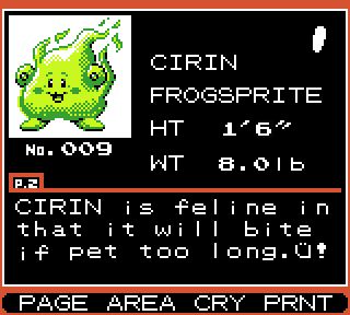 A pokedex entry for Hylia's little dude Cirin, a fire sprite with faux frog eyes. Its body glows in a bright green flame. Description: "CIRIN is feline in that it will bite if pet too long. Ü!"