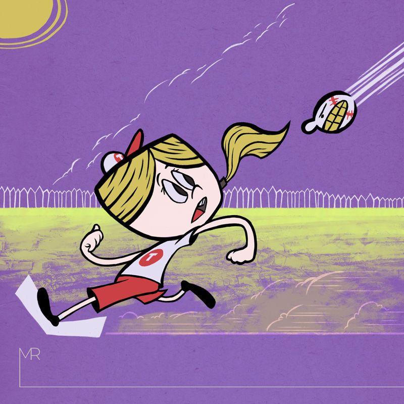 A cartoon drawing of a little girl with a ponytail playing baseball. She's sliding into... well, ON second base while the baseball is about to hit her like a missile. The baseball has a face by the way.