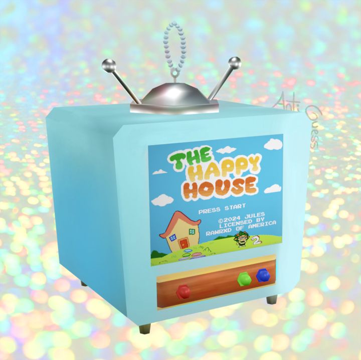 A Christmas ornament made to look somewhat like the television in Pokemon Channel. On the TV screen is The Happy House for the NES (i.e. a fictional video game starring Jules).