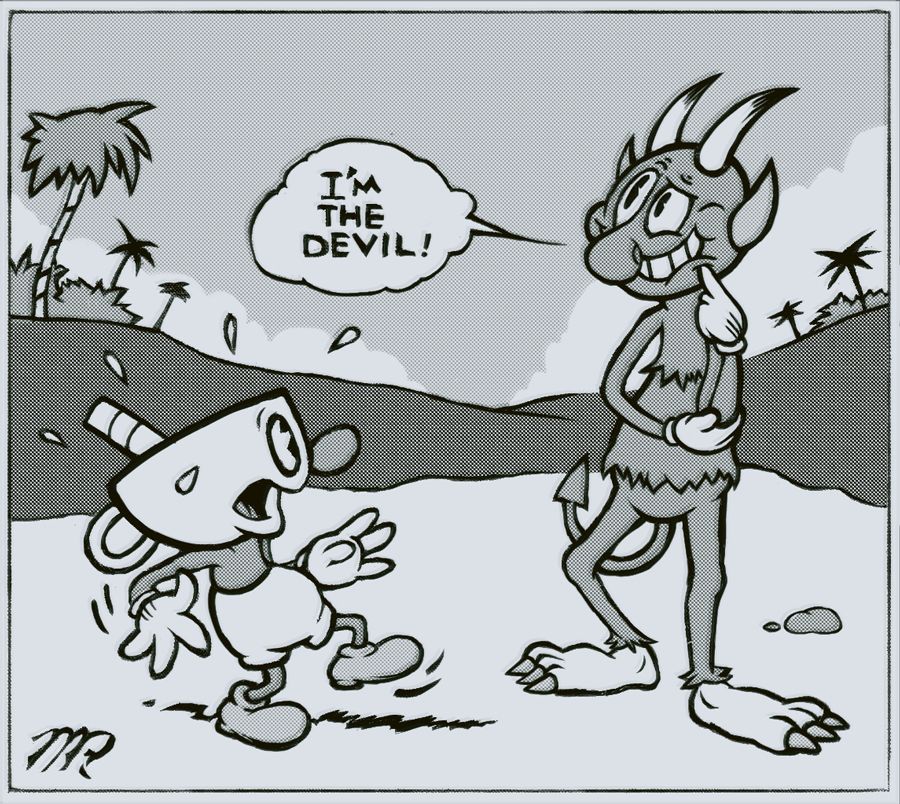 Mugman from Cuphead running into The Devil (also from Cuphead). The drawing is done in the style of the old Floyd Gottfredson Mickey Mouse comic strips.