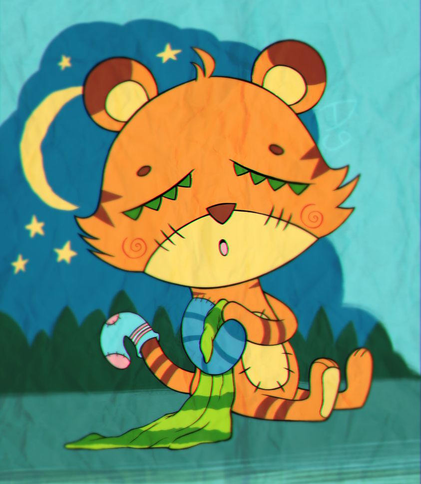 A drawing of a stuffed tiger holding a green striped blanket while sitting in front of a marker drawing of the night sky over a forest. They have big green eyelashes and a sock on their tail with the colors of the trans flag. Trans rights now and forever.