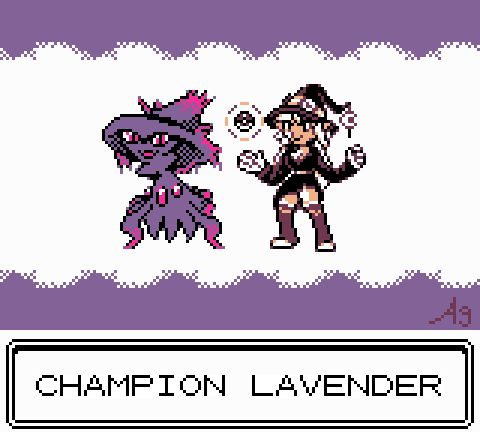 Petris' alternate sona Lavender in a pokemon trainer stance alongside the pokemon Mismagius. The caption reads "CHAMPION LAVENDER."