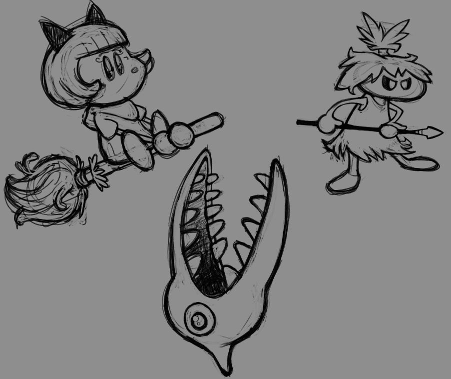 Three Kirby 64 enemies sketched. From top left to bottom: KeKe, Yariko, and Maw.