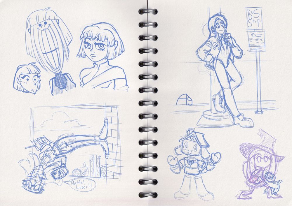 Shitty ass sketches of Vanduobones' OC "Louise", belbeeps' OC "Rita", Scolexander's OC "Asher", HarperGoesUWU's OC "Brick", and patofry's OC "Em" as well as their lil beetle friend.