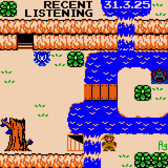 A reinterpretation of The Legend of Zelda on the NES. A pond underneath a waterfall surrounds a small island connected to the land to the left by a bridge. A cave entrance is in the top left next to an Octorok. A downward staircase is on the other side of another waterfall from a knight errant in brown garb. In the bottom left there is a large tree. Green bushes adorn the scene as a whole. An angry Zora is hanging out near the little island. At the top it says "RECENT LISTENING 31.3.2025", with the date inside a pond above the first waterfall.