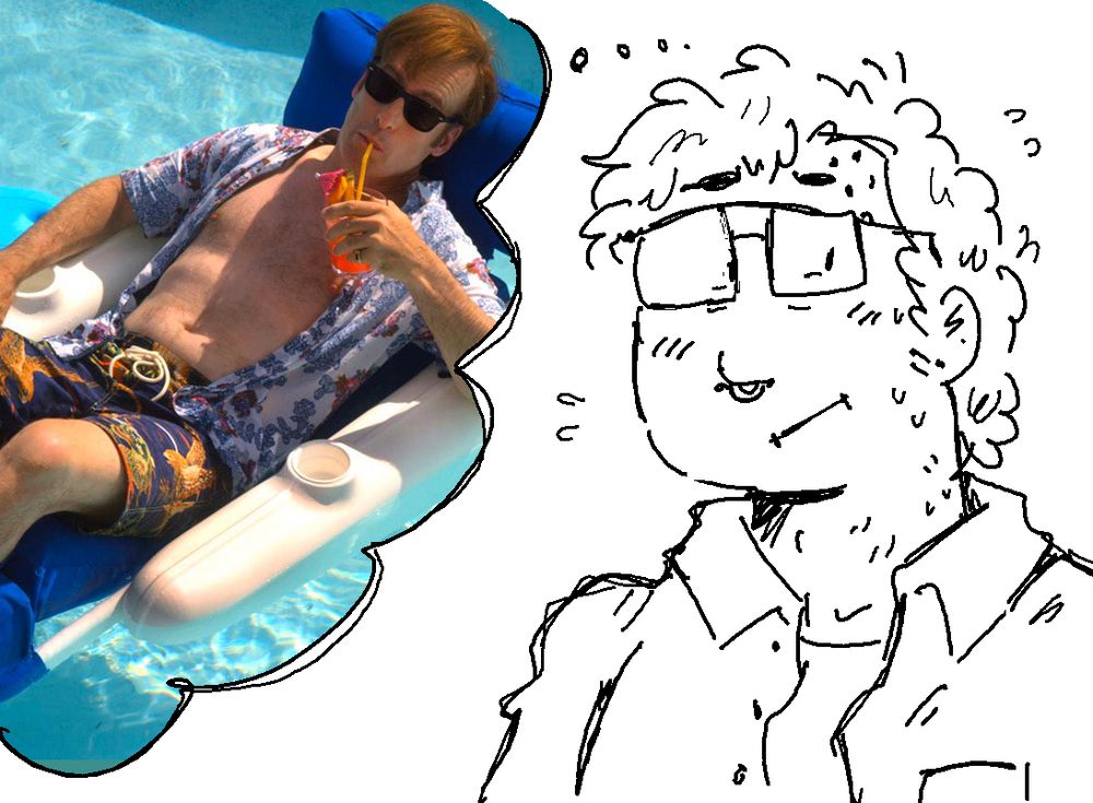 A nervous illustration of the artist imagining Saul goodman with an open shirt relaxing in a swimming pool, with sunglasses on