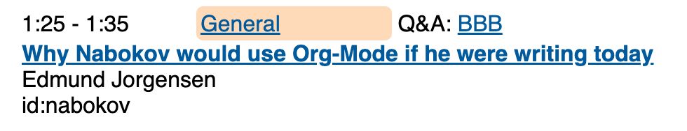 A listing for a ten-minute conference talk titled "Why Nabokov would use Org-Mode if he were writing today"