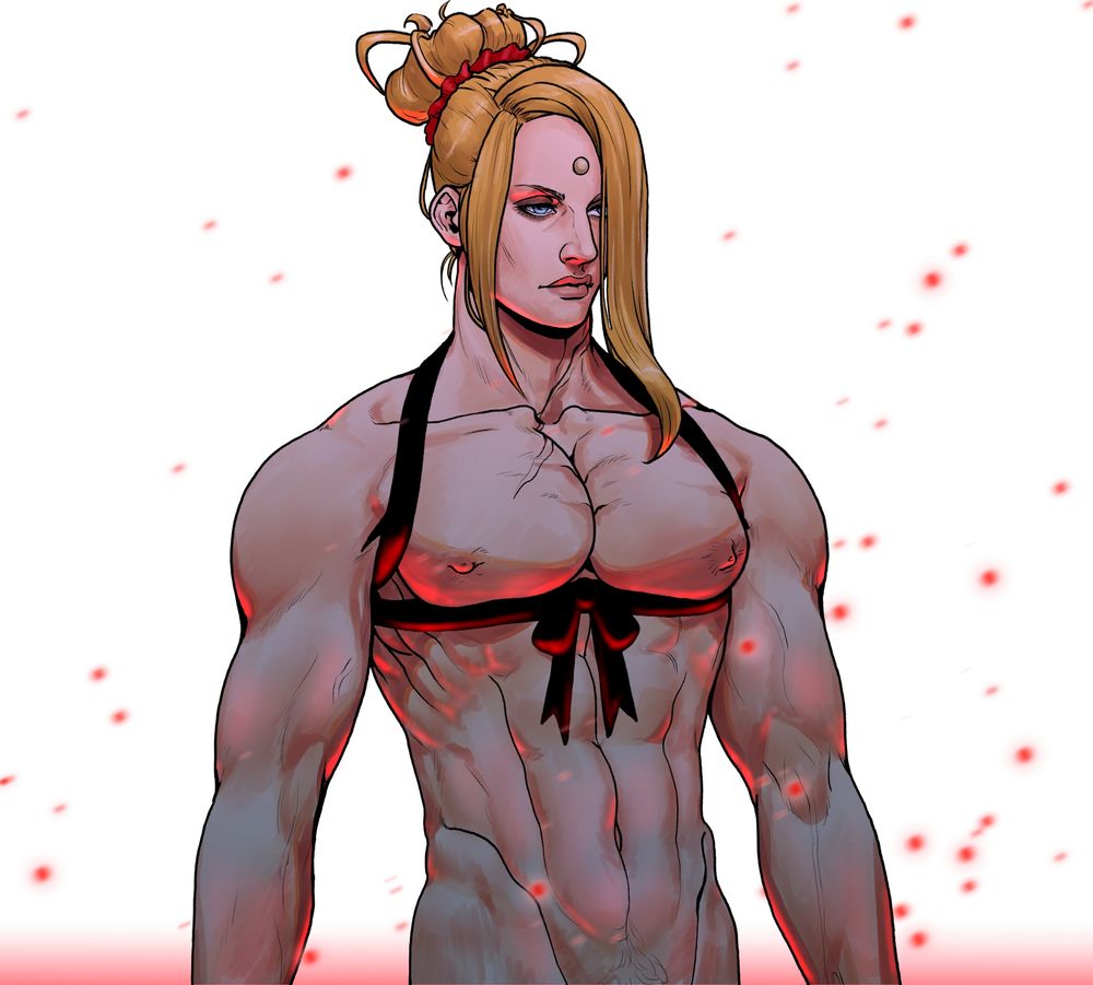 The character Zenos yae Galvus from the video-game Final Fantasy 14 nude from the waist up. He has a black ribbon tied around his chest, lifting up his pecs.