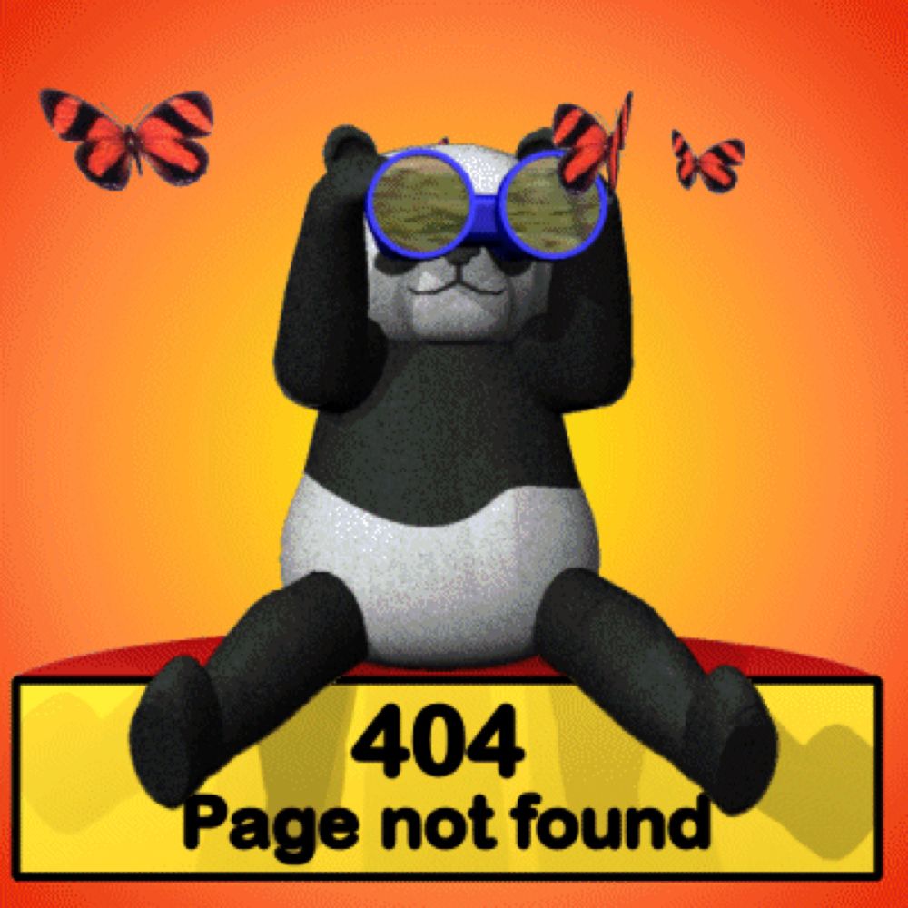 a panda bear wearing binoculars is sitting on a 404 page not found sign