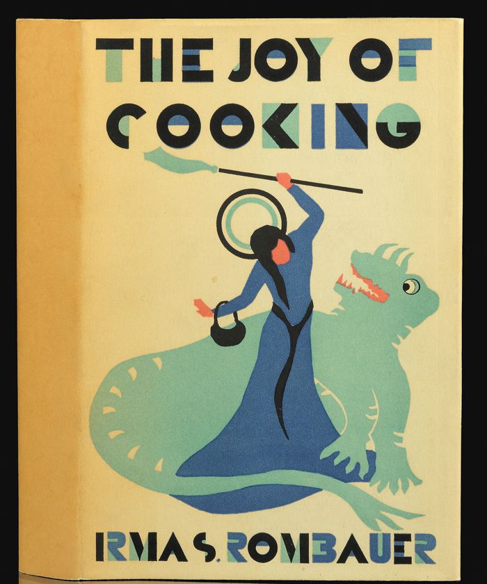 An image of the front cover of "The Joy of Cooking" by Irma S. Rombauer. It shows a dark-haired white woman with a halo, wearing a blue dress and black girdle, raising a broom with which to hit a green dragon.