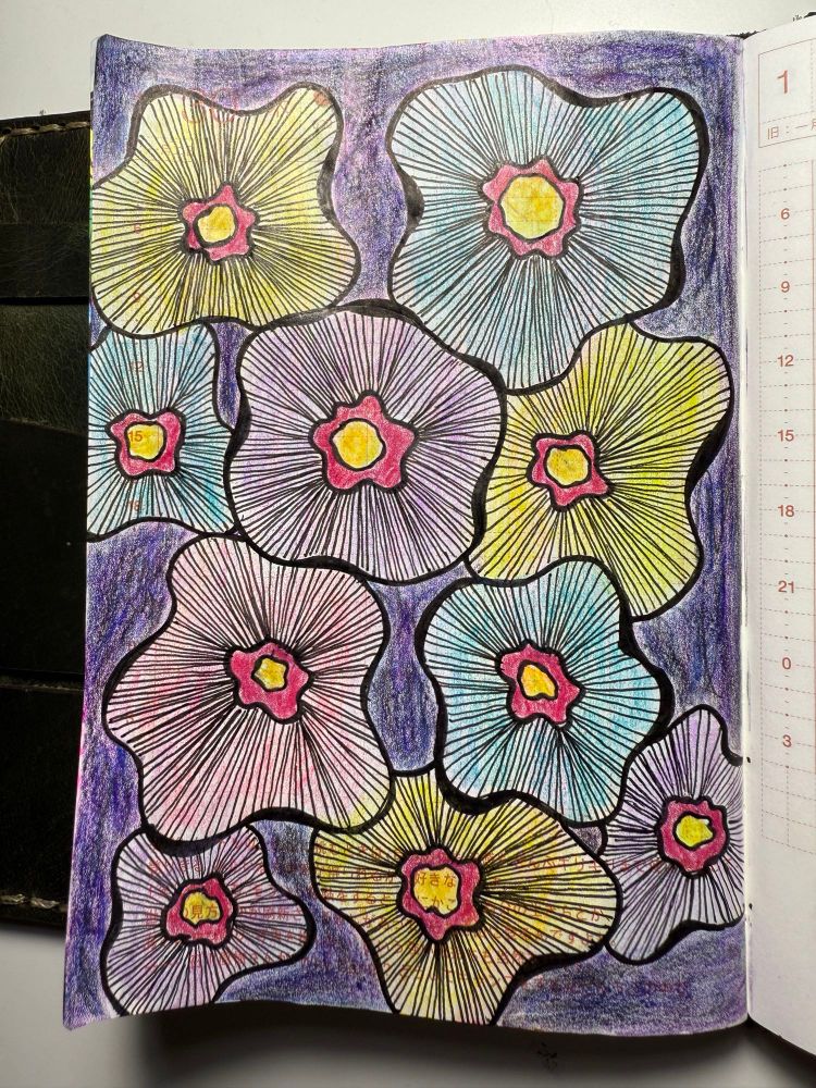 Art piece depicting flower-like shapes over a dark purple background. Each flower has a yellow center with a dark pink ring around it. The flowers are a variety of pastel colors, with densely packed thin black lines radiating from the pink ring to the outer edge of the flower. 
