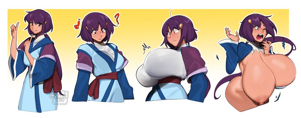 A series of four images of the character Ayeka Masaki Jurai from Tenchi Muyo. In the second through fourth images, Ayeka looks increasingly surprised as her breasts grow too large to fit in her robes.