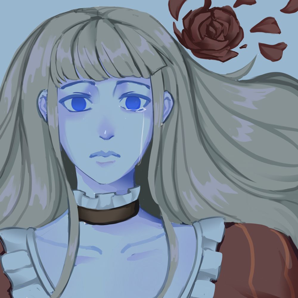A digital painting of Beatrice from Umineko with her hair down. She has a blank look in her eyes as she cries.