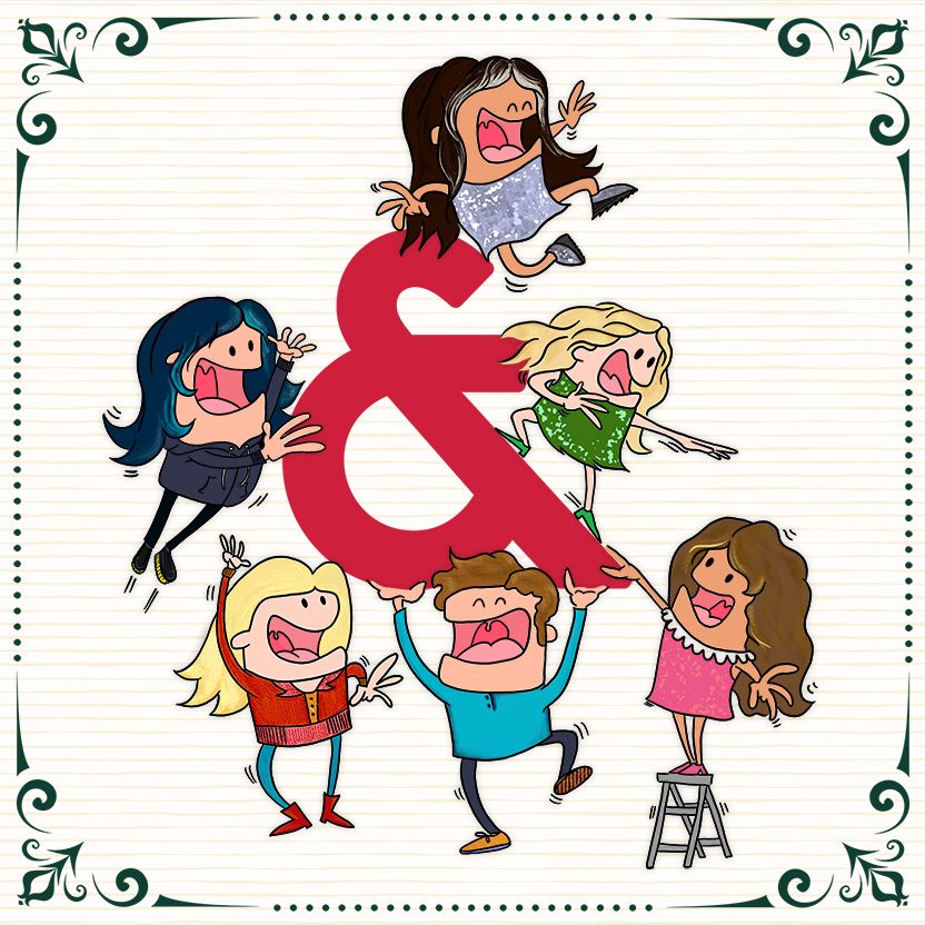 Cartoon versions of the Alder team holding up and frolicking around the ampersand from the company's logo.