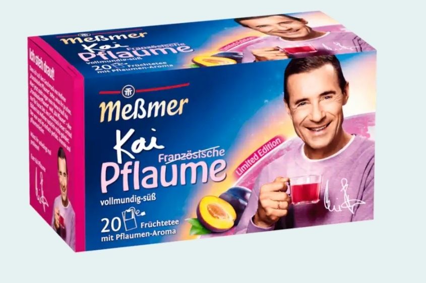 Abbildung einer Packung Tee der Marke Messmer. Darauf das Foto von Kai Pflaume mit ner Tasse Tee in der Hand. Daneben steht Kai (dann das Wort 'französische' durchgestrichen) Pflaume. 
