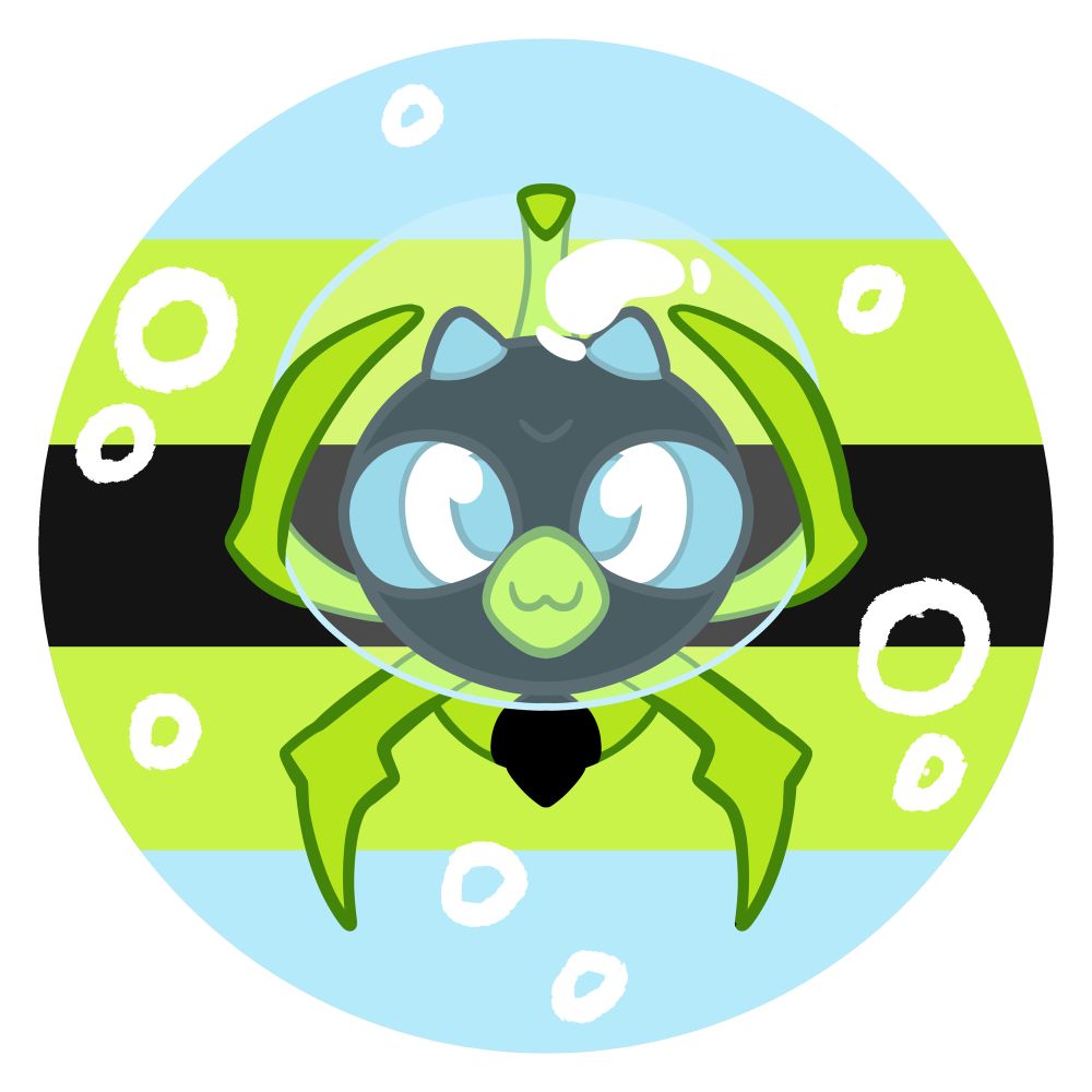 A drawing of the Pokemon Dewpider with the quoigender flag in the background.