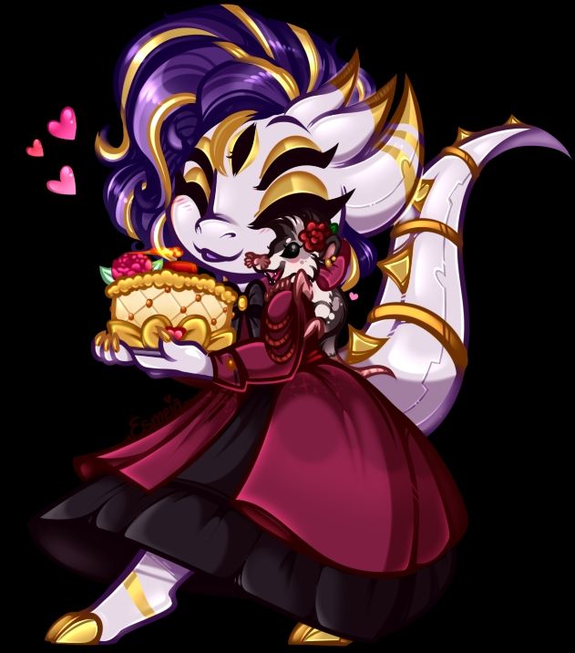 A white kobold with gold accents wearing a red dress holding a birthday cake.