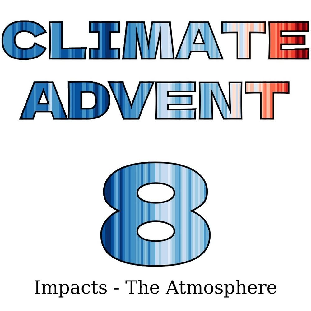 Climate Advent 8 written in the warming stripes color scheme, roughly going from blue on the left to red on the right.
Below is the topic of today in black as: Impacts - The Atmosphere