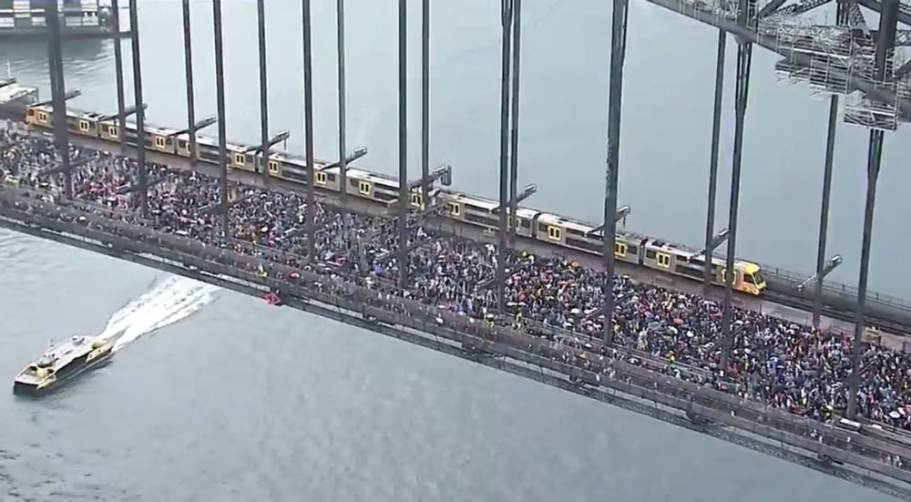 Aerial screengrab of a pro-Palestinian march on the Sydney Harbour Bridge.
Photograph: Channel 9
