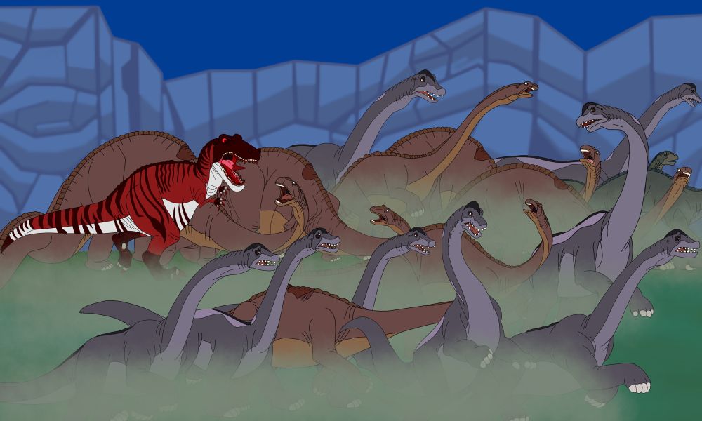 A large herd of Long Necks stampeded across the valley as they were being pursued by the savage Sharptooth, as it was engaged in battle against one of them. 