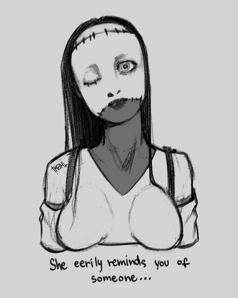 Stitches, enemy from the game Fear & Hunger: Termina.
She stares at the viewer, with one eye closed shut with stitches. The phrase "She eerily reminds you of someone..." is wrote down below.