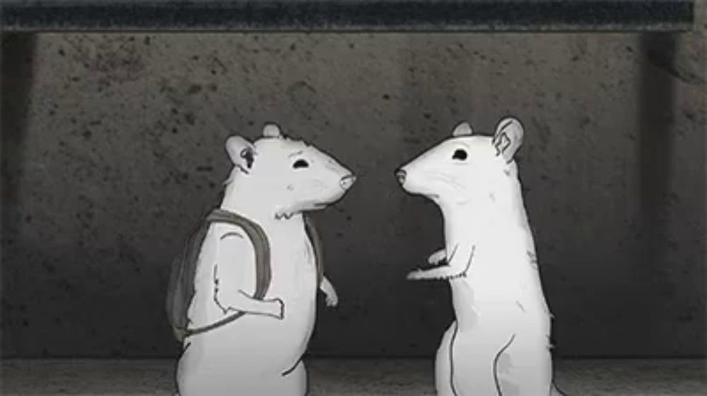 a black and white drawing of two mice shaking hands .