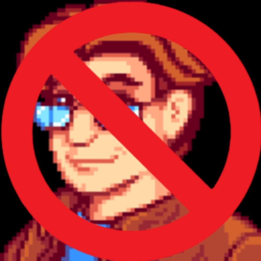 Pierre from stardew valley with a giant red circle with a line through it over his picture indicating "no" or "do not"
