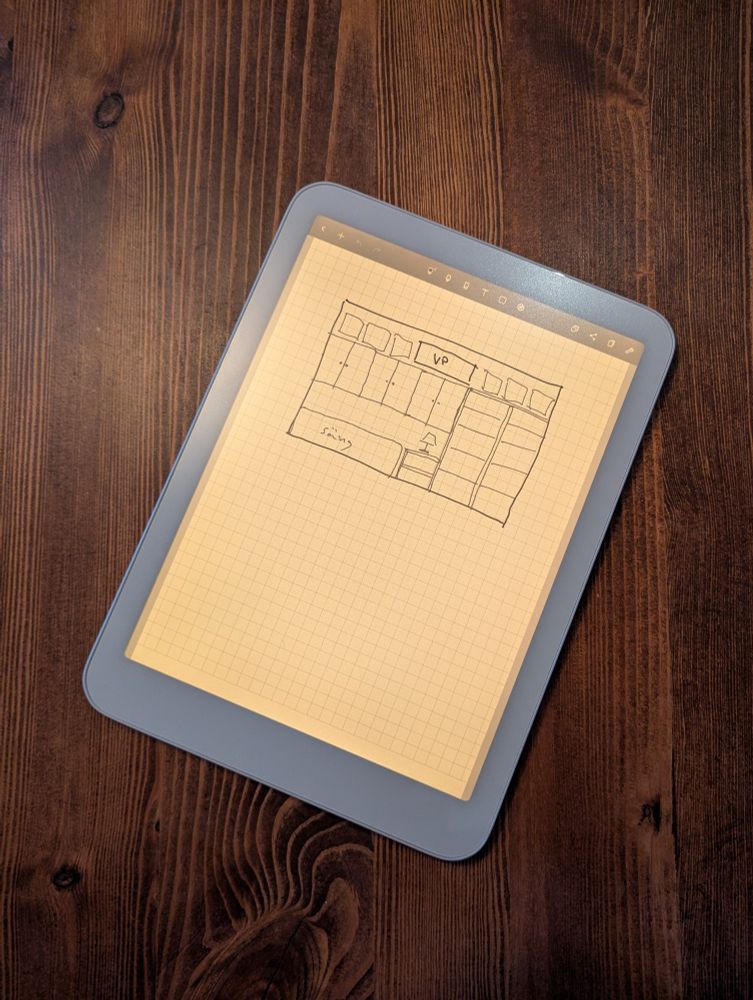Sketch of bookshelves and storage system on a Daylight tablet.