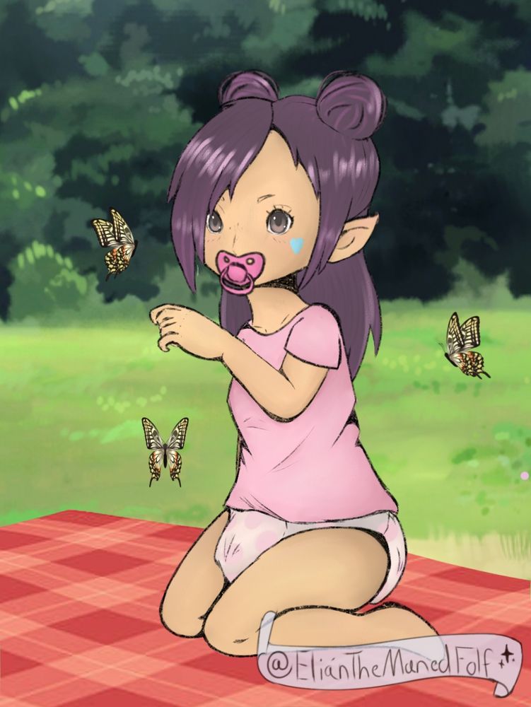 Lalafell sitting on a picnic blanket looking in awe at butterflies around her, pacifier alt