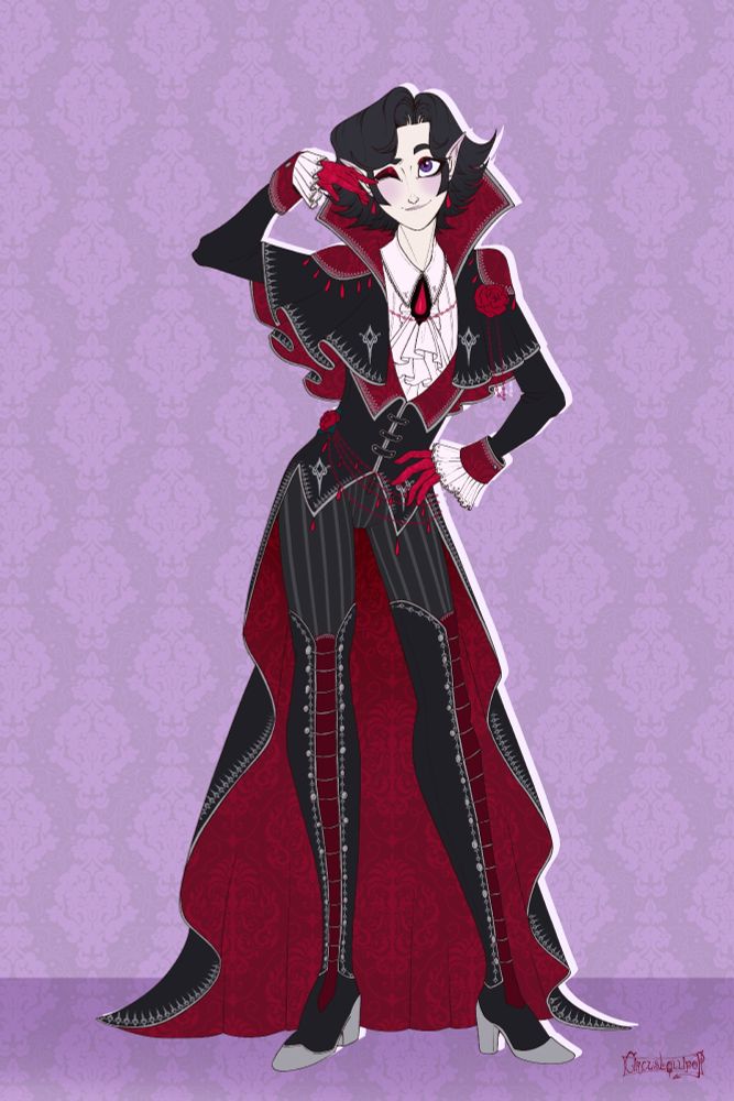 Flat colored illustration of a vampire with pale skin and black hair wearing a fancy black and red suit with silver accents and a standing collar. He poses cutely