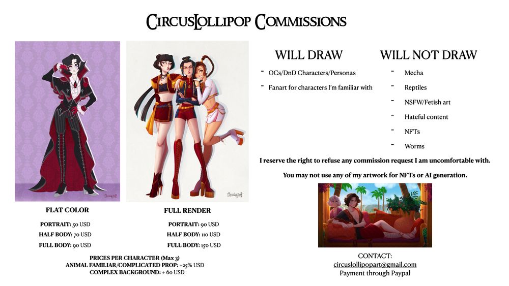 Commission sheet, a plain white background with black text listing my commission prices as well was what I will and will not draw. Also pictured are some of my example art