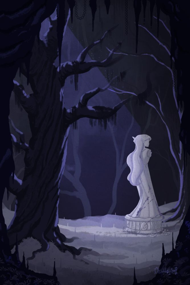 A dark forest in an underground cave, with a blue color scheme and bare trees. In the middle stands a lone statue of a goddess with her back turned towards the viewer, lit by a shaft of moonlight making its way into the cave. The statue’s arms are missing and there are cracks throughout her body, indicating further damage.