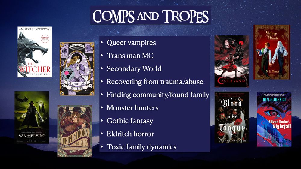 The list of tropes (queer vampires, trans man mc, secondary world, recovering from trauma/abuse, finding community/found family, monster hunters, gothic fantasy, eldritch horror, and toxic family dynamics) and comps of various media