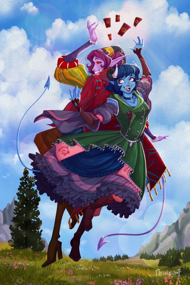 A blue tiefling in a green and blue dress and a purple tiefling in a maroon coat floating back to back above a summer landscape, holding oracle cards.