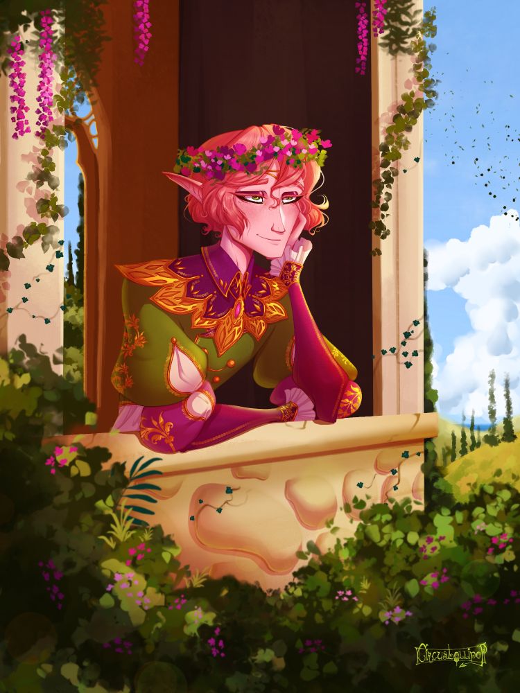 Illustration of my character Valentin, a half-elf with pink hair and skin who wears fancy green and magenta clothing and a flower crown. He stands on a Mediterranean style balcony and stares serenely out towards the countryside.