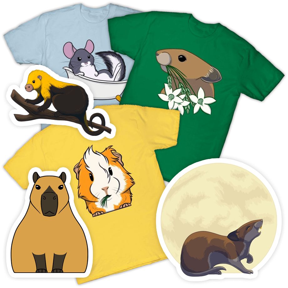 Shirts and stickers showing animals like chinchillas, porcupines, guinea pigs, capybaras, and mice.