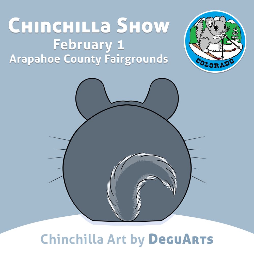 Image: Artwork of a very round chinchilla from behind, with the logo for the Colorado Branch of Empress Chinchilla Breeders Cooperative. Text: Chinchilla Show February 1, Arapahoe County Fairgrounds, Chinchilla Art by DeguArts.