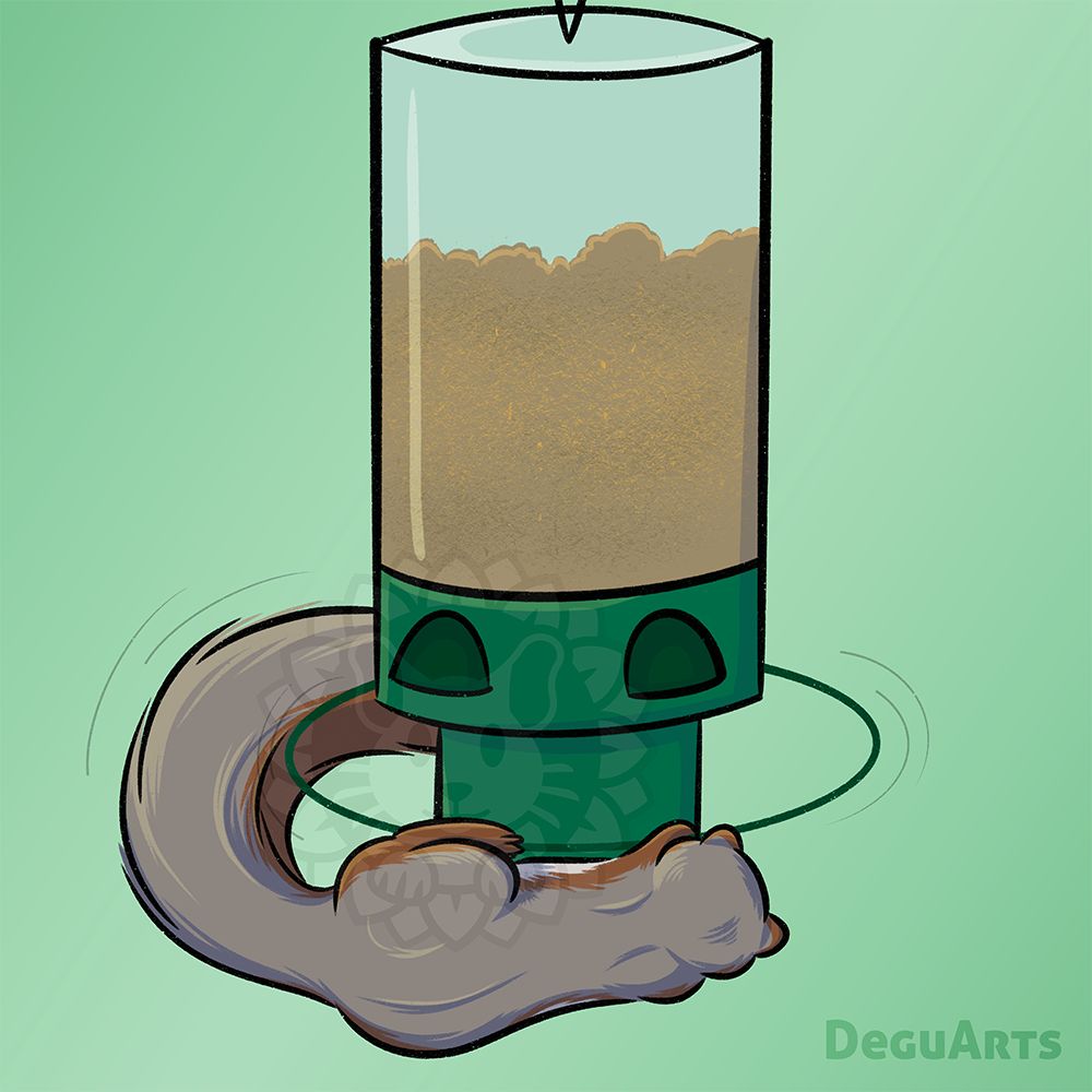 Artwork of a green bird feeder, which has an anti-squirrel ring on it. A fox squirrel is holding on to the ring as it spins.