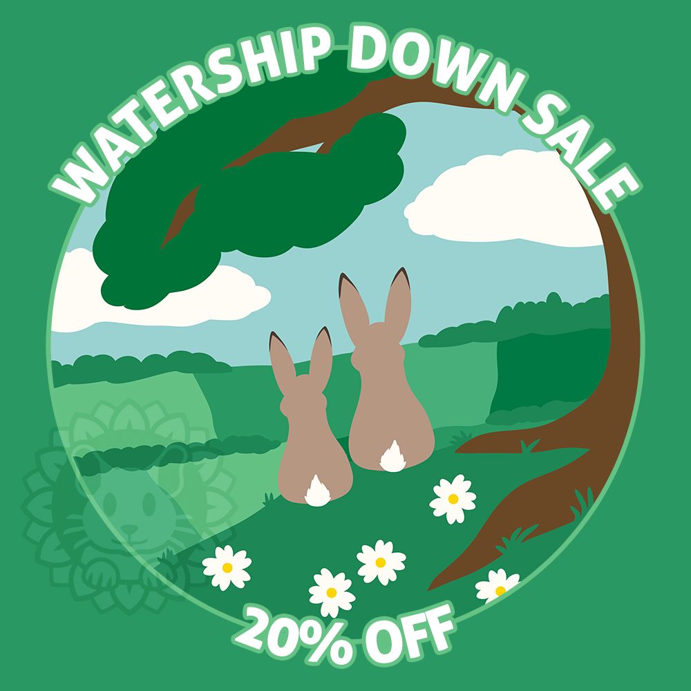 Text: Watership Down Sale, 20% OFF. Image: Artwork from my officially licensed Watership Down embroidered patches. Fiver and Hazel sit attop the Down, under a tree with primrose flowers.