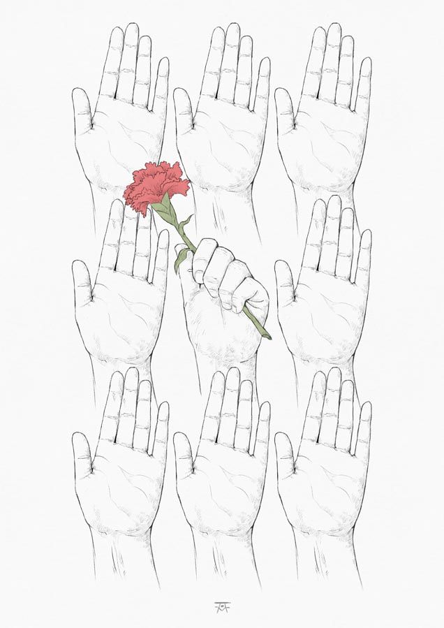 nine hands are raised up as if to cast a vote. all the hands are open, except for the middle one, which holds a carnation. the carnation became the symbol of the portuguese Carnation Revolution, a mostly pacific military coup that ended a dictatorship and led the country to a democracy. 