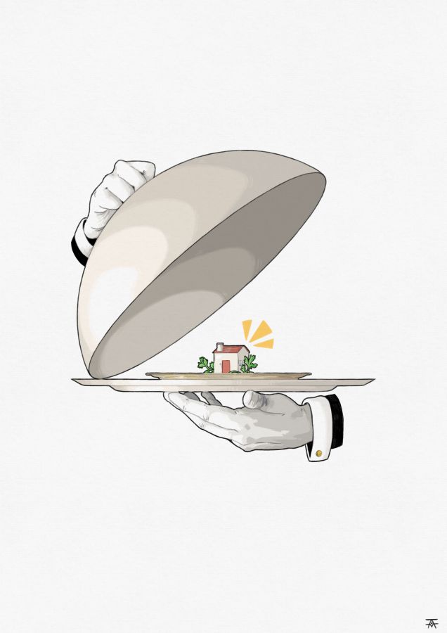 a house is served in a plate and serving dome much too big for itself. it is garnished with cilantro.