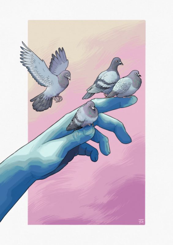 three pigeons rest atop a giant blue hand. perhaps of a statue? a fourth pigeon is in the process of landing.