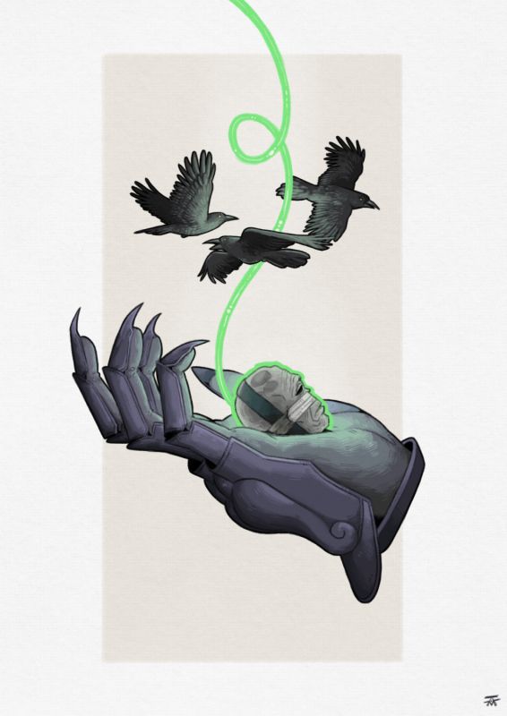 internet webcomic Unsounded fanart. duane's brother's gauntlet holds his severed head, while crows circle it.