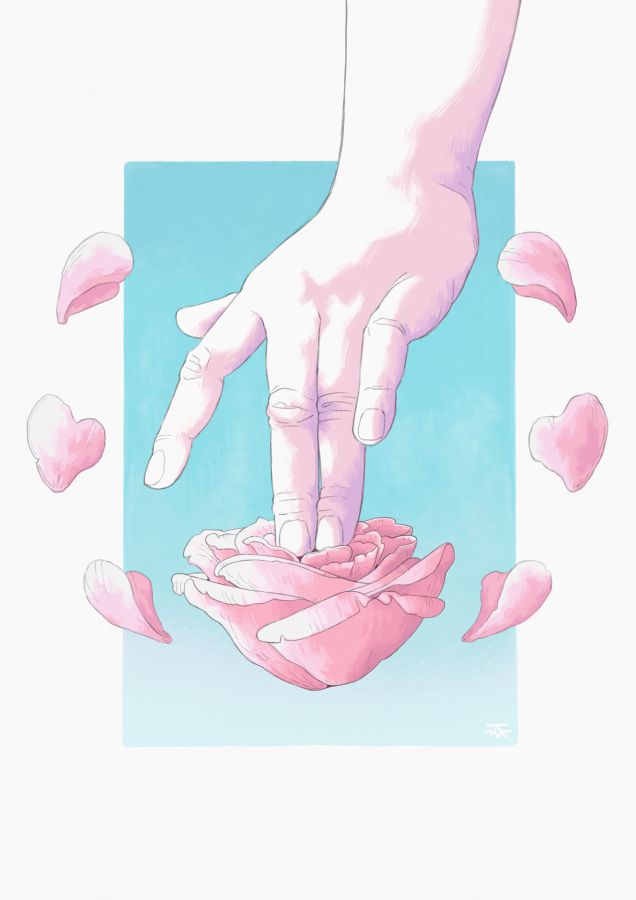 a hand presses the middle fingers inside a rose's bud