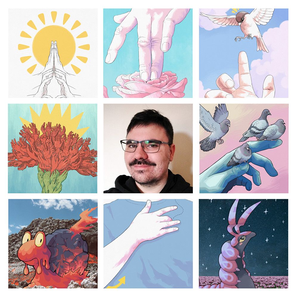  a three by three grid, featuring eight of my best artworks from the previous year, with my doofy little head in the middle panel.